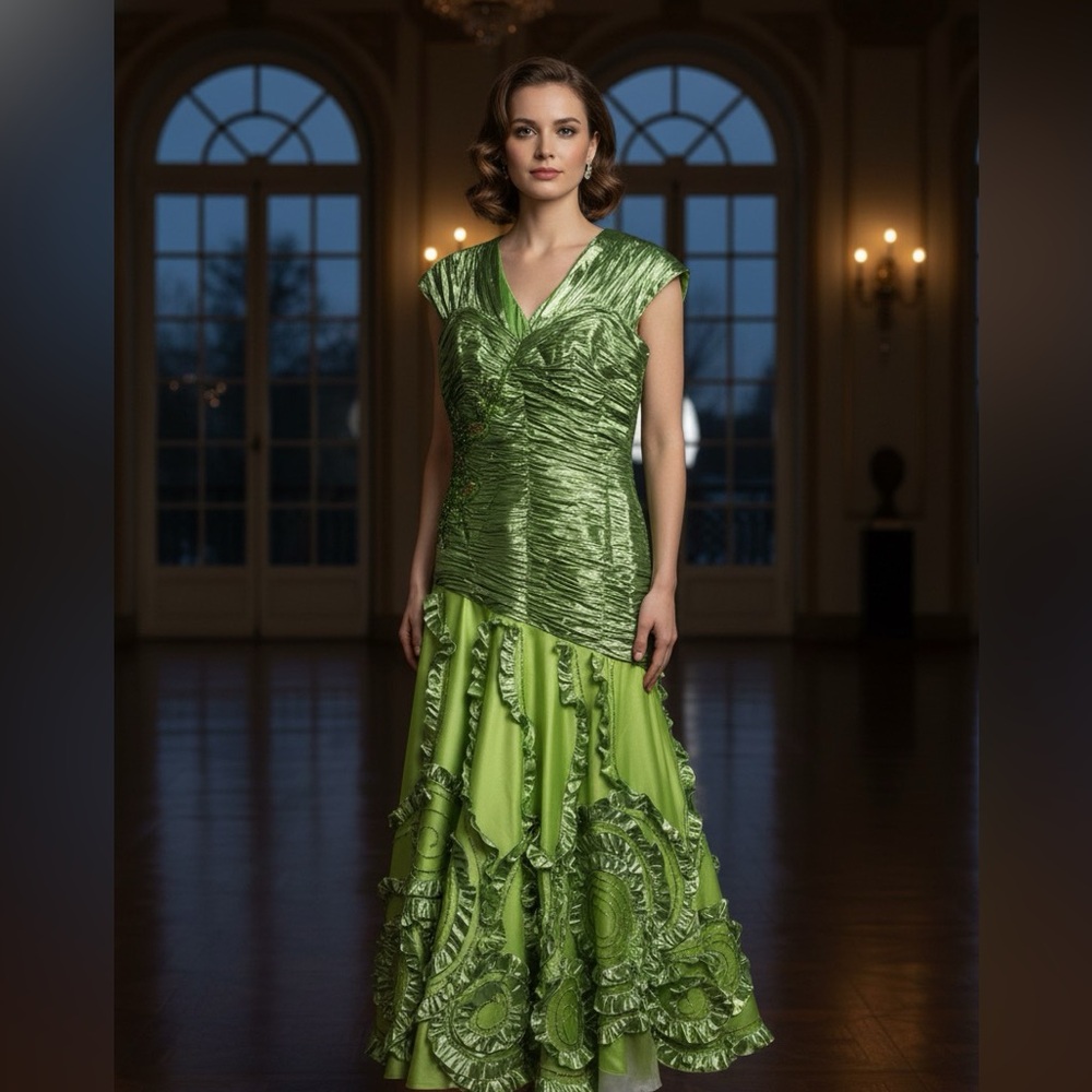 Apple Green Lame Mesh Embellished Evening Cocktail Gown Maxi Dress M - Picture 1 of 7